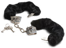Frisky Caught in Candy Faux Fur Handcuffs Black with plush black fur and silver metal for restraint play.