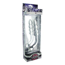 Prisms Hamsa Curved Double Ended Glass Dildo Clear in packaging for dual G-spot and P-spot stimulation.
