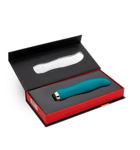 Sensuelle Bella Velvet Touch Vibe in Emerald Green displayed in its box, featuring ultra-soft velvet touch silicone and 20 functions.