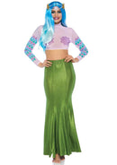 Leg Avenue Shimmer Spandex Mermaid Maxi Skirt Green worn by a model with blue hair and a matching outfit.