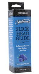 GoodHead Slick Head Flavored Glide Blue Raspberry 4 Oz packaging with benefits and ingredients.