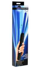 Zeus Shock Rod E-Stim Zapping Wand packaging with blue handle, two prongs, and ribbed grip for intense sensory play.