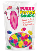 Hott Products Pussy Patch Sours Sweet and Sour Candy packaging with colorful chewy treats inside.