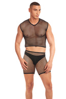 Pink Lipstick Net-Bula 3 Piece Fishnet Set L/XL Black modeled by a man showcasing its bold design and sleek fit.