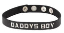 Black leather Daddy’s Boy collar with adjustable snaps and silver-tone stud lettering from Spartacus Leathers.