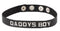 Black leather Daddy’s Boy collar with adjustable snaps and silver-tone stud lettering from Spartacus Leathers.