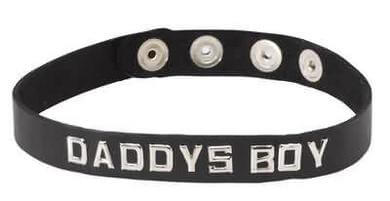 Black leather Daddy’s Boy collar with adjustable snaps and silver-tone stud lettering from Spartacus Leathers.