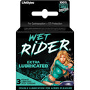 Lifestyles Wet Rider Lubricated Latex Condoms 3 Pack packaging featuring a woman on a motorcycle.