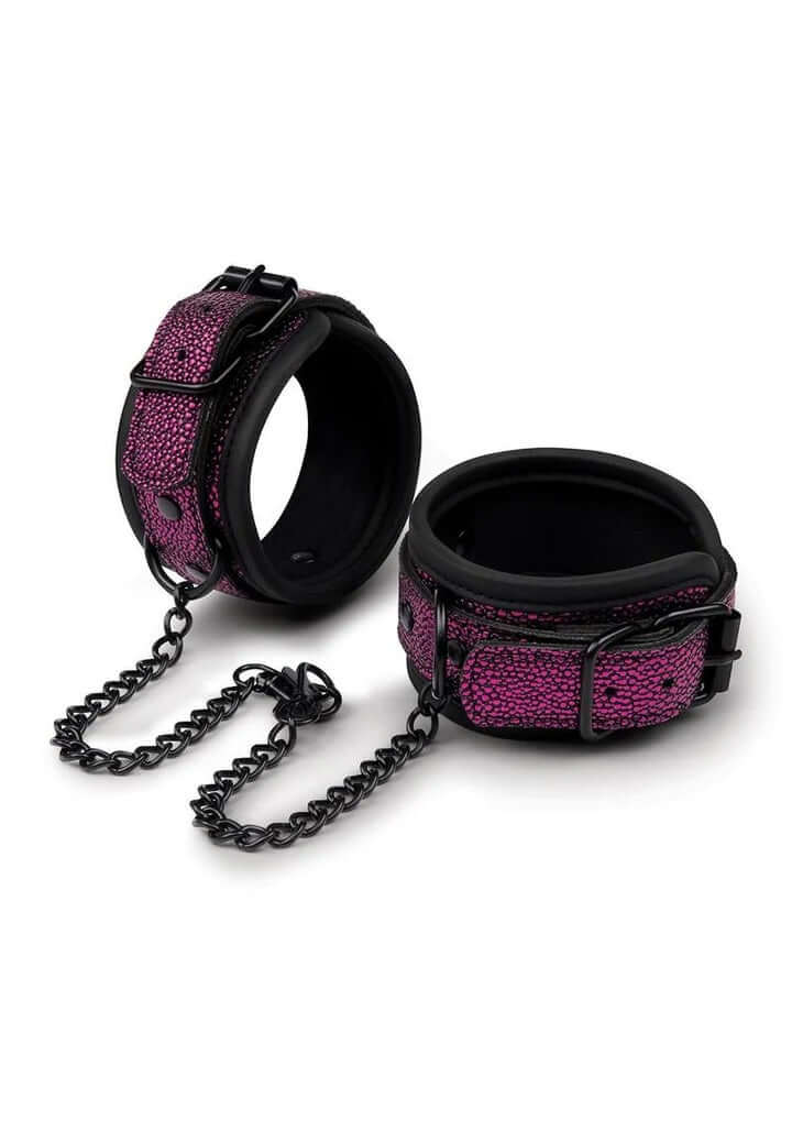 Dragon's Lair Wrist & Ankle Cuffs - Comfortable, padded beginners' restraints with purple textured design and black chain links.