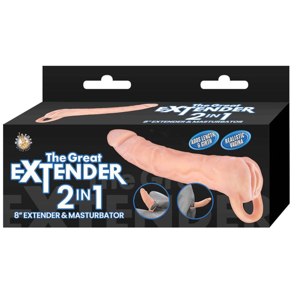 Nasstoys Great Extender 2-In-1 8” White Extender & Masturbator packaging box with product features and realistic design.