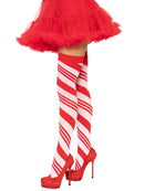 Leg Avenue Candy Cane Thigh High One Size White and Red stockings with red pumps against a festive background.