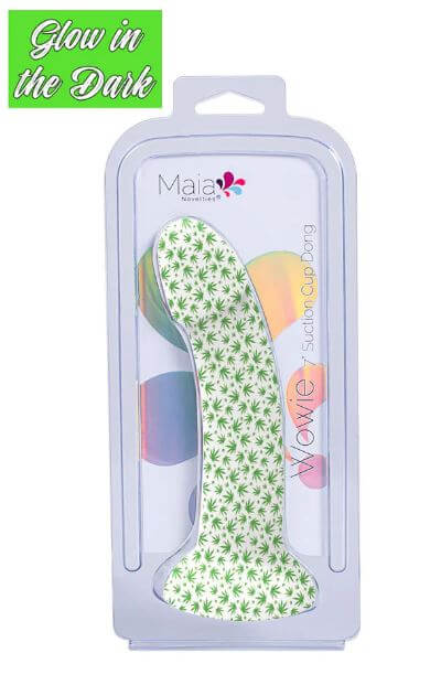 WOWIE 7-Inch Silicone Suction Cup Dong with Glow-in-the-Dark Weed Print in packaging.
