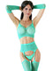 4 Pc green lingerie set featuring a lace bra, matching panties, and stylish arm sleeves for a bold, sensual look.