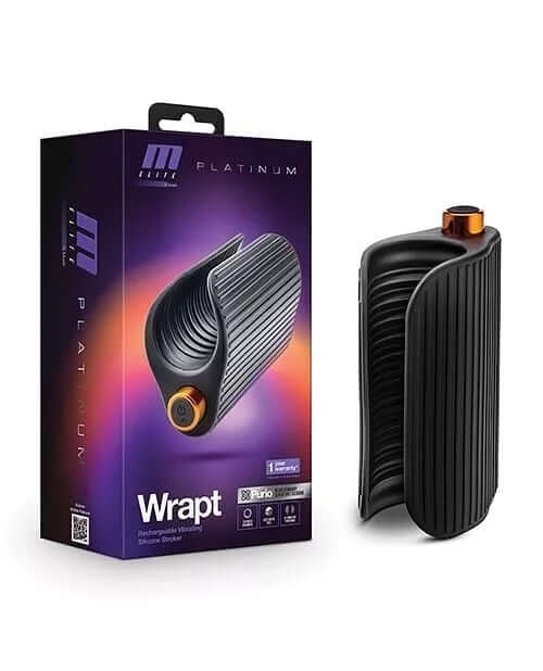 M Elite Platinum Wrapt Black versatile stroker with ribbed interior and squeezable exterior for a realistic feel.