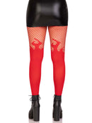 Leg Avenue Opaque Flame Tights With Fishnet Top One Size Red showcased from behind, featuring red opaque legs and fishnet top.