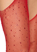 Close-up of Casey Rhinestone Fishnet Suspender Pantyhose One Size Red featuring bold red fishnet and sparkling rhinestones.