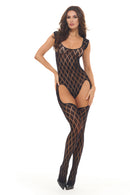 Rene Rofe Diamond Hour Bodystocking Black One Size shown on model, showcasing diamond-pattern knit design.