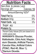 Nutrition facts label for XXX-Mas Pecker Bites Adult Candy, showing serving size, calories, and ingredients.