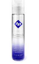 ID Free 1 Fl Oz Water Based Lubricant in a clear bottle with blue accents, clean and body-friendly formula.