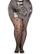 Leg Avenue Celestial Fishnet Tights 1X/2X Black displayed on model, featuring star and moon design.