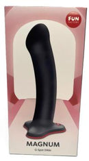 Fun Factory Magnum G-Spot Dildo Black in packaging, showcasing its ergonomic design for deep stimulation.