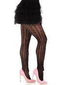 Leg Avenue Sweetheart Striped Net Tights Black OS paired with a black ruffled skirt and pink high heels.