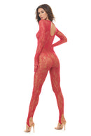 Split Up Lace Bodystocking Red One Size showcasing sultry lace design and daring back view.