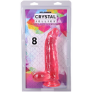 Crystal Jellies Curved Realistic Cock With Balls 8 Inch Pink in packaging, showcasing lifelike design and translucent color.