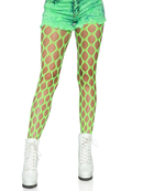 Leg Avenue Jumbo Pothole Net Tights Neon Green One Size showcased on legs with white boots and green shorts.