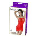 Red rhinestone strapless dress lingerie packaging, highlighting the alluring design and glittering embellishments.