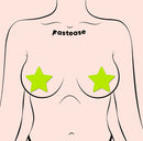Pastease Star Pasties Glow In The Dark Neon Yellow star-shaped pasties on a minimalist illustration of a body.
