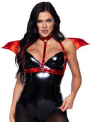 Leg Avenue Devil Wing Body Harness One Size Red worn by a model showing the shiny red wings and black bodysuit.