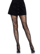 Leg Avenue Doll Net Tights One Size Black worn with a black skirt, showcasing a unique fishnet design pattern.