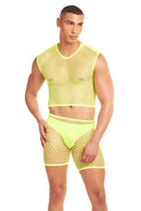 Pink Lipstick Net-Bula 3pc Set Small/Medium Yellow model wearing a vibrant yellow net ensemble.