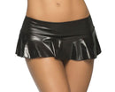 Mapale Wet Ruffle Skirt Small/Medium Black displayed on a model, showcasing its glossy finish and flattering silhouette.