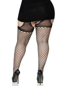Leg Avenue Addison Oval Net Suspender Hose 1X/2X Black with bold fishnet design and comfort-stretch top.