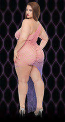 Model showcasing the Lapdance Violet Sky Off the Shoulder Mini Dress Queen Size in a striking ombré design.