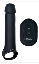 ZOLO Vibrating 8" Penis Extender with remote control shown in black for size enhancement and pleasure.