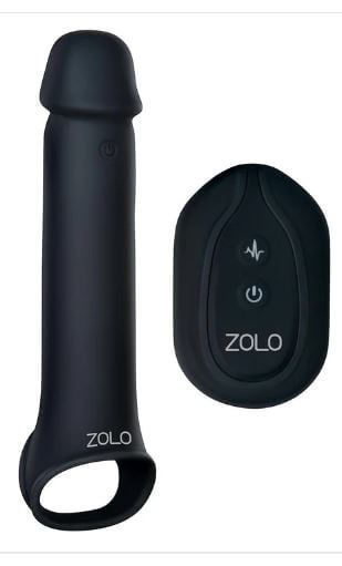 ZOLO Vibrating 8" Penis Extender with remote control shown in black for size enhancement and pleasure.