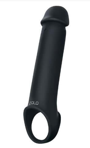 ZOLO Vibrating 8" Penis Extender in black, designed for realistic sensation and size enhancement with 10 vibration modes.