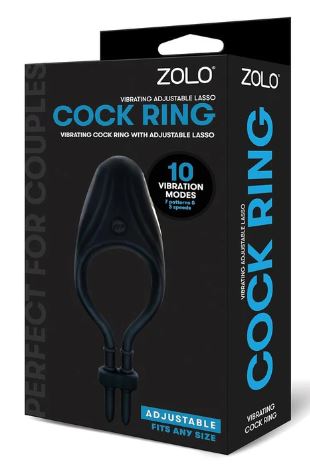ZOLO Fat Tire Vibrating Cock Ring in packaging, featuring adjustable lasso design and 10 vibration modes for customizable pleasure.