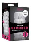 Zolo Girlfriend Squeezable Vibrating Stroker packaging featuring a 7 function bullet and travel bag included.
