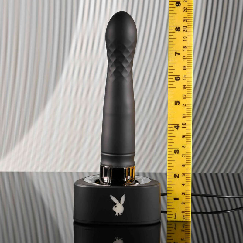 Playboy Pleasure Zone 10-Speed Vibrating & Thrusting Shaft with stylish charging case and ruler for size comparison.