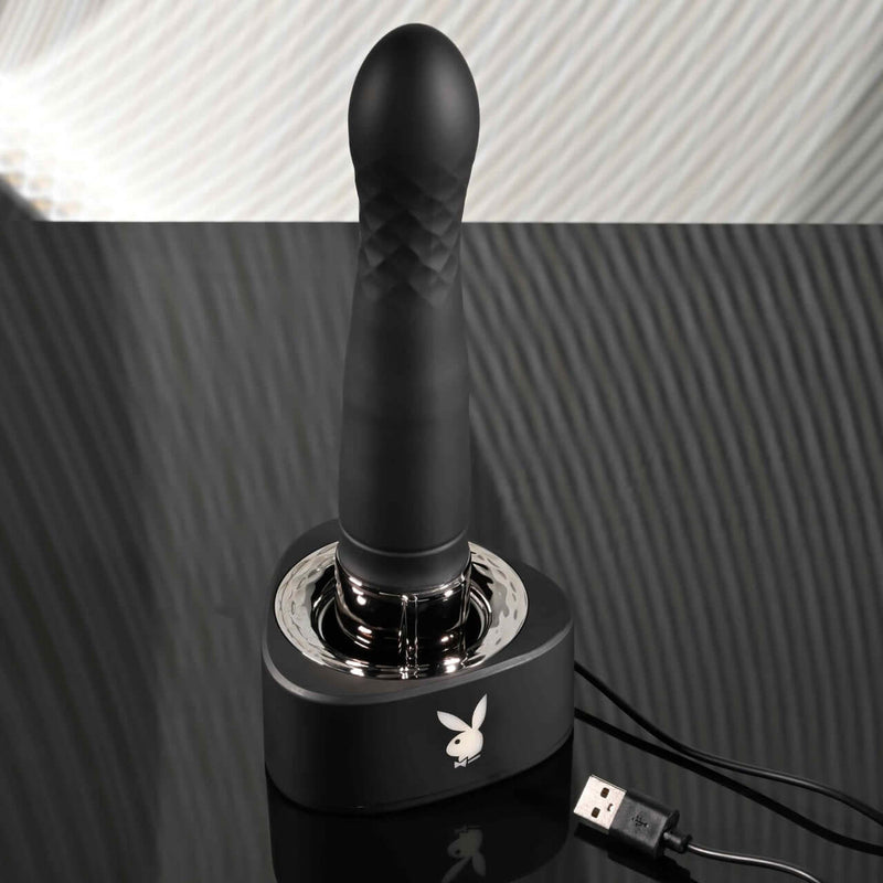 Playboy Pleasure Zone 10-speed vibrating and thrusting shaft with diamond-pattern textures in stylish charging case.