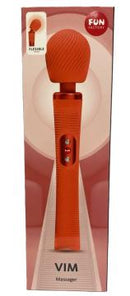 Fun Factory Vim Massager Wand Orange in packaging showcasing its ergonomic design and flexible neck.