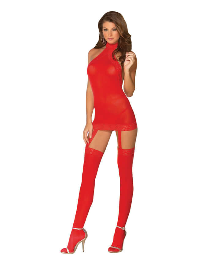 Dreamgirl Black Diamond Elegance red sheer garter dress with thigh highs showcases feminine allure and vintage-inspired lace trim.