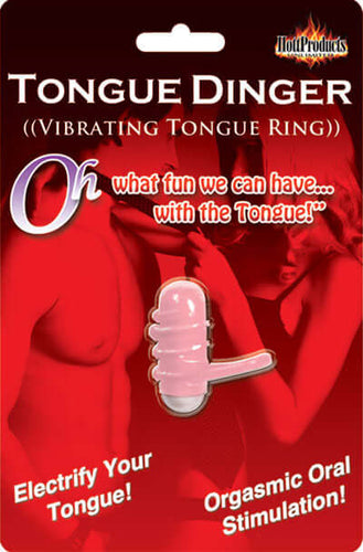 Tongue Dinger Vibrating Tongue Ring packaging promoting electrifying oral stimulation and fun experiences.