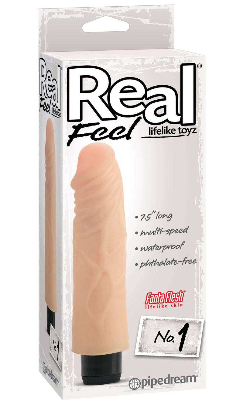 Real Feel Lifelike Toyz No.1 realistic vibrator in Flesh color packaging showing multi-speed, waterproof, and phthalate-free features.
