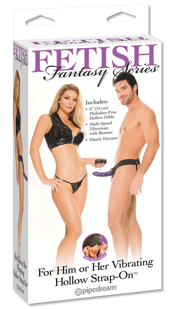 Fetish Fantasy Series Hollow Strap-On for Him or Her packaging with couple demonstrating product features.