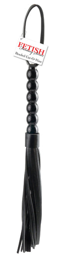 Fetish Fantasy Series black Beaded Cat-O-Nine Tails Whip with wooden bead handle and soft-backed vinyl tresses for BDSM play.